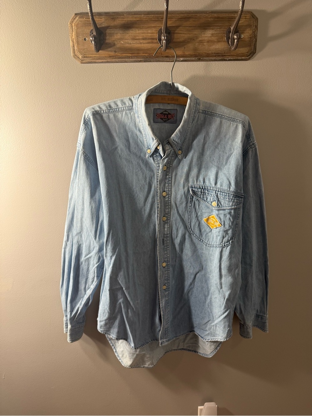 Bugle Boy Light Blue Denim Button-Down Shirt with Pocket Patch